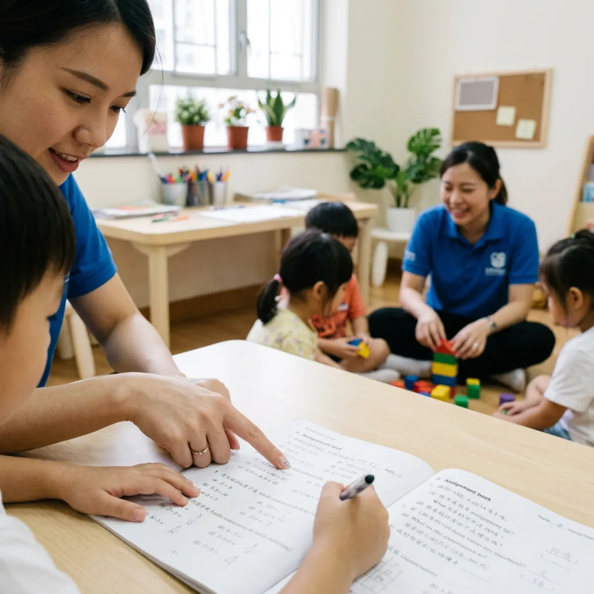義工教師在課餘託管中心協助兒童完成功課