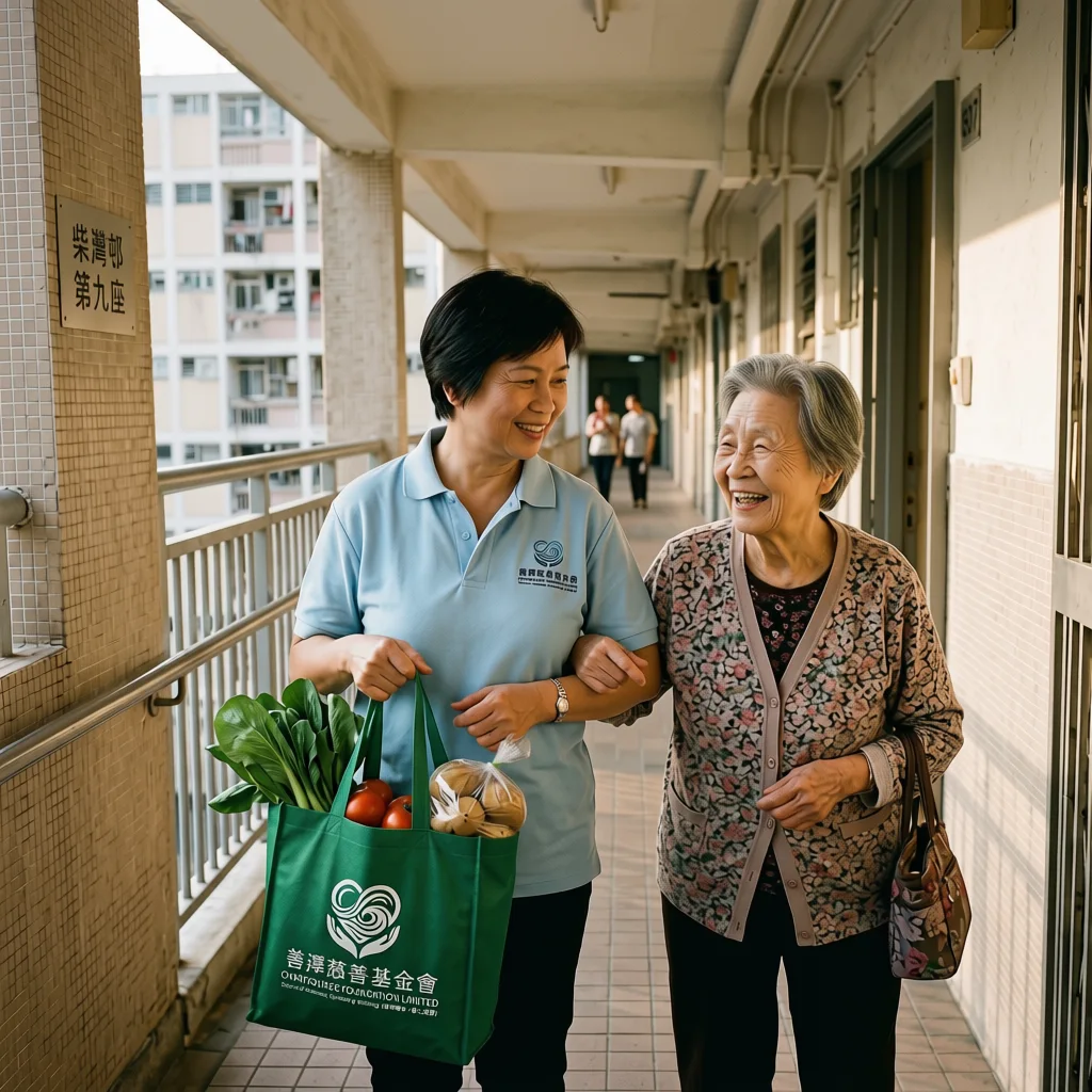 善澤義工於柴灣邨第九座陪同長者步行，並協助送上新鮮蔬果